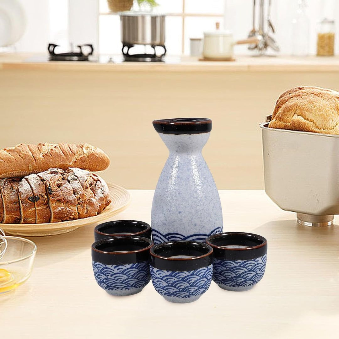 HEMOTON Keramik Sake Set Japanische Sake Flasche Und Vier Ochoko Tassen Glasiert Sea Ripple Sake für