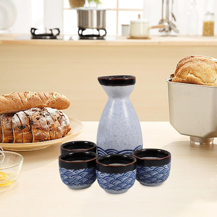 HEMOTON Keramik Sake Set Japanische Sake Flasche Und Vier Ochoko Tassen Glasiert Sea Ripple Sake für