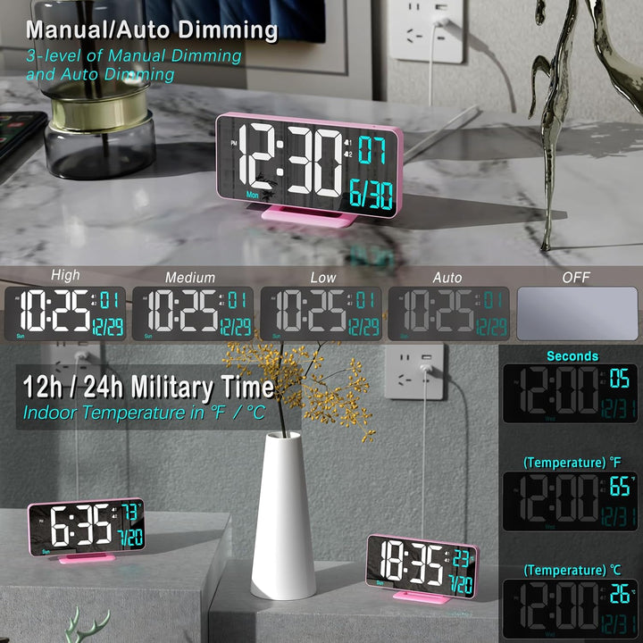 KOSUMOSU Rosa Digitaluhr für Schlafzimmer, 17 cm, Dual-Wecker mit Dimmung, 12/24 Stunden, Sekunden,