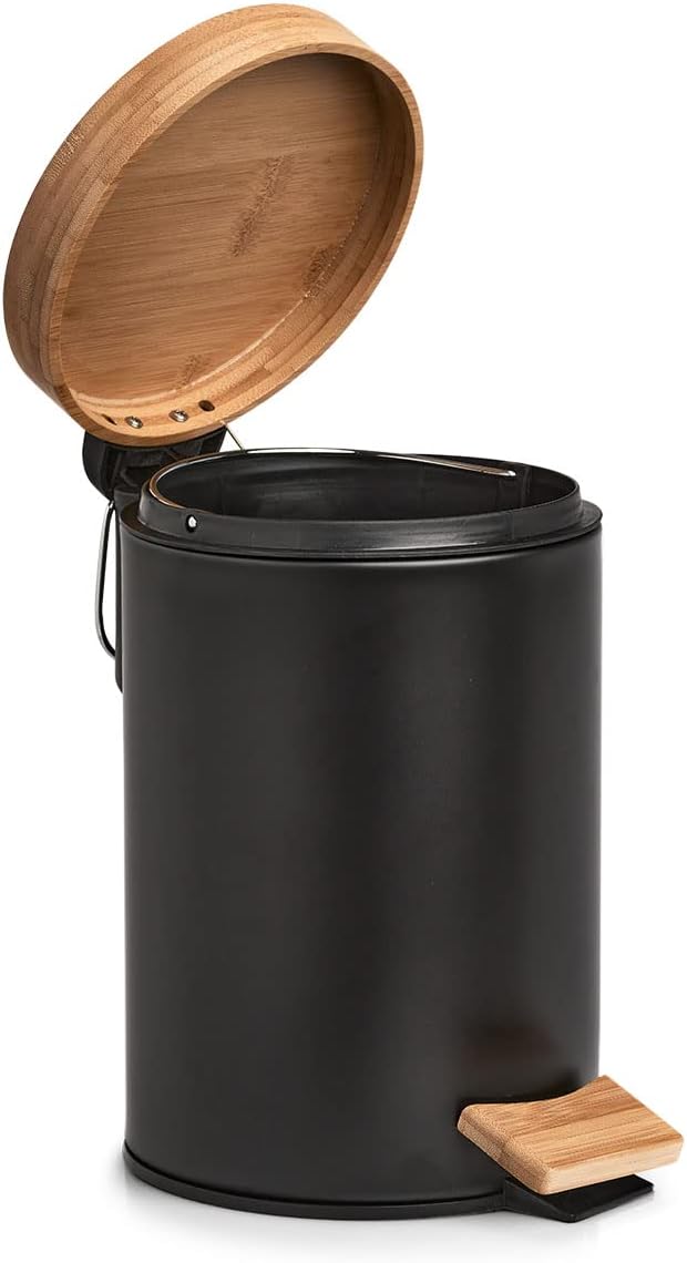Kosmetikeimer aus Metall mit Bambusdeckel schwarz 3 Liter mit Absenkautomatik Schwarz Ø16,8 x 24 cm,