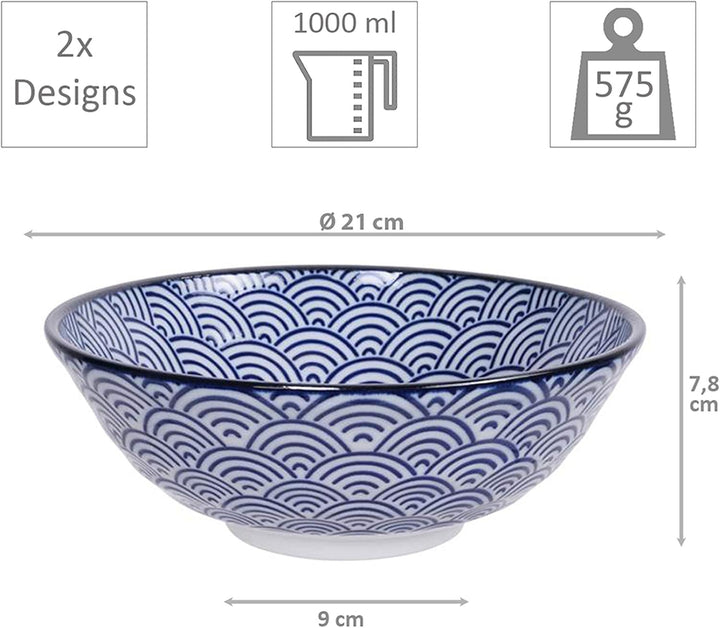 TOKYO design studio Nippon Blue 2-er Schalen-Set blau-weiss, Ø 21 cm, ca. 1000 ml, asiatisches Porze