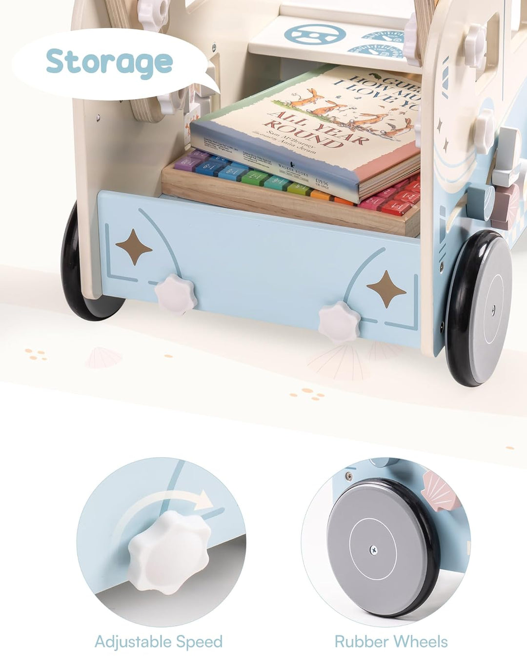ROBUD Lauflernwagen Holz, Multifunktion Baby Lauflernhilfe mit & Rädern & Bauklötzen Spielgeräte Akt