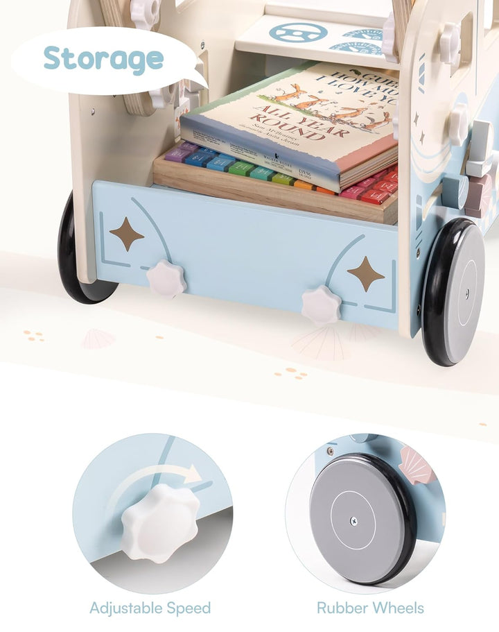 ROBUD Lauflernwagen Holz, Multifunktion Baby Lauflernhilfe mit & Rädern & Bauklötzen Spielgeräte Akt