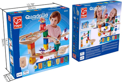 Hape Starter Set Quadrilla Endspurt, Kugelbahn mit 27 Bauteilen aus Holz und 30 Murmeln, MINT-Spielz