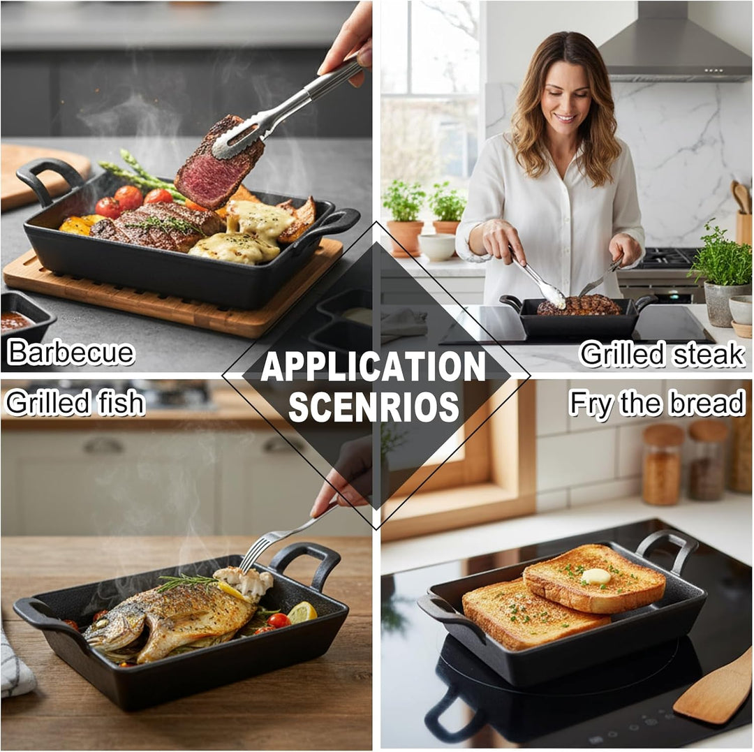 RANJIMA Grillpfanne Gusseisen, 24x17 cm Grillplatte mit Zwei Griffen, Cast Iron Pan Gusspfanne Steak