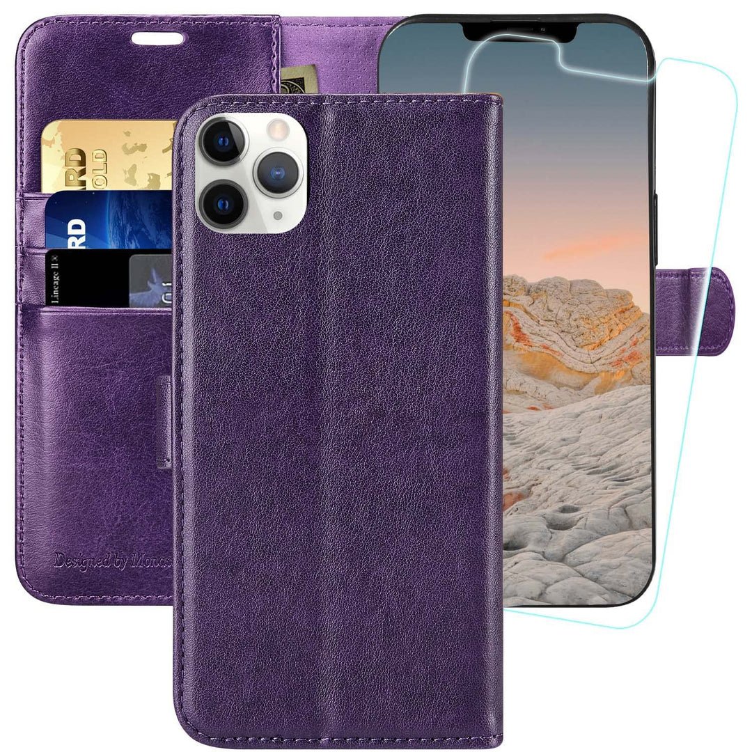 MONASAY iPhone 12 Pro Max Handyhülle 6.7 Zoll, [Schutzfolie][Kartenfach][Standfunktion][Magnet][RFID