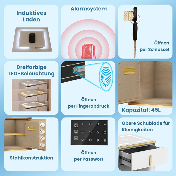 EXTRALINK Elektronischer Tresor für Zuhause mit Fingerabdruck, Induktivem Laden - Möbeltresor mit Al