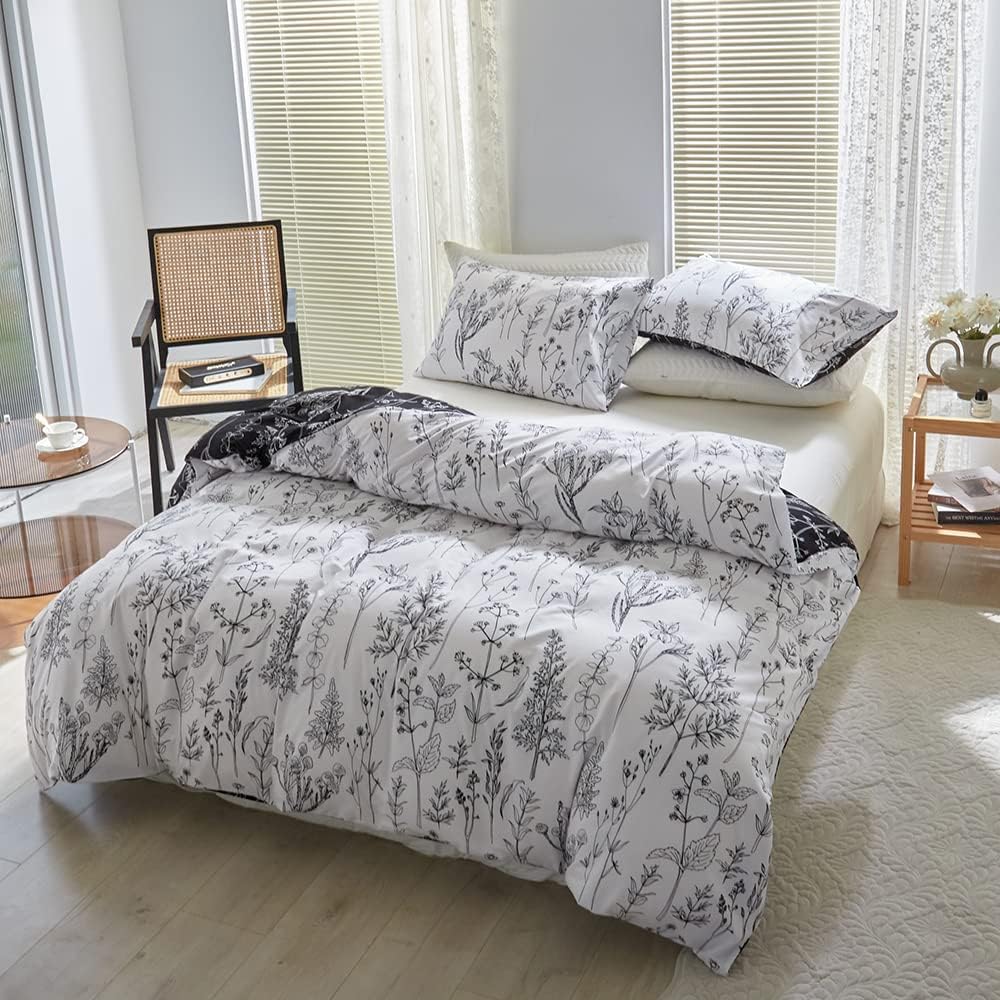 Damier Bettwäsche 135x200 Weiss Schwarz Blumen Blätter Motiv Wende Bettwäsche Weich Kuschelig Bettbe