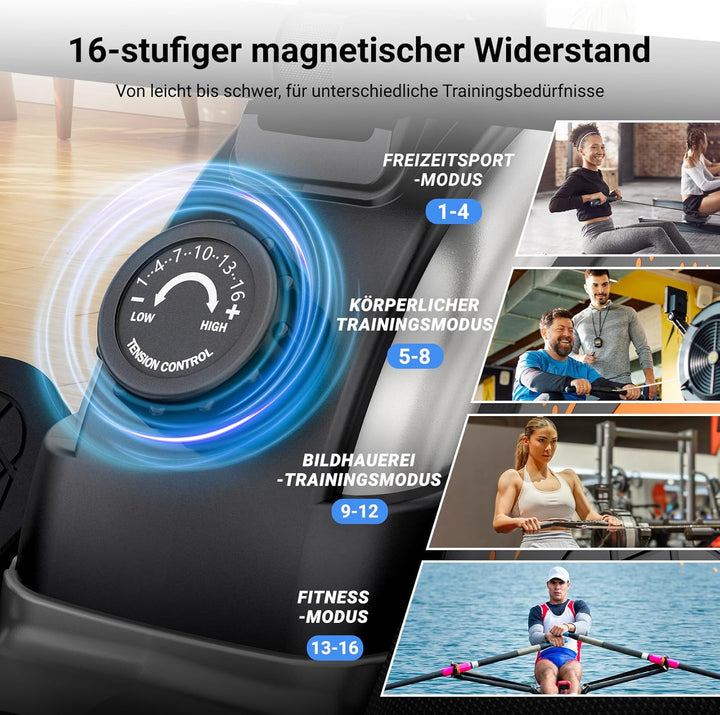 Dripex Rudergerät für Zuhause, Rudergeräte bis 160 kg Belastbar, Magnetisches Rudergerät mit 16 Wide