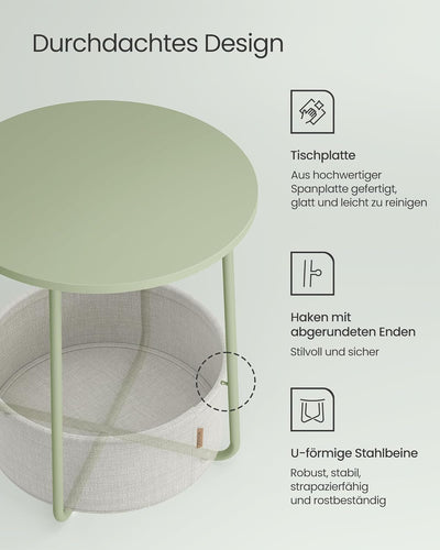 VASAGLE Beistelltisch rund, Kleiner Tisch, Couchtisch klein, Wohnzimmertisch mit Korb aus Stoff, Sta