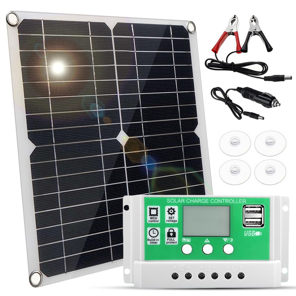 Solarpanel, 20 W, 12 V, monokristallines Solarpanel + Laderegler 10 A PWM + Batterieclips 22 % hohe
