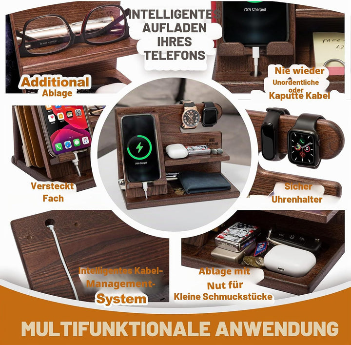 TESLYAR Holz Handyhalter & Dockingstation - Organizer für Brieftasche Schlüssel & Uhr Valentinstag G