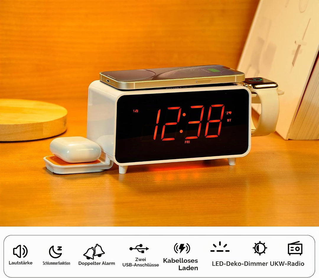 Digitaler Radiowecker mit Kabelloser Ladestation, 15W Fast Wireless Charger for iPhone/Samsung Galax