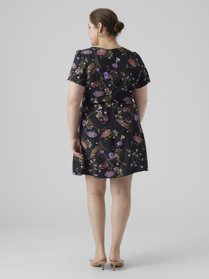 VERO MODA Damen Viskose Kleid VMEasy V-Neck Kurzarm Sommerkleid S Black/Aop:mille, S Black/Aop:mille