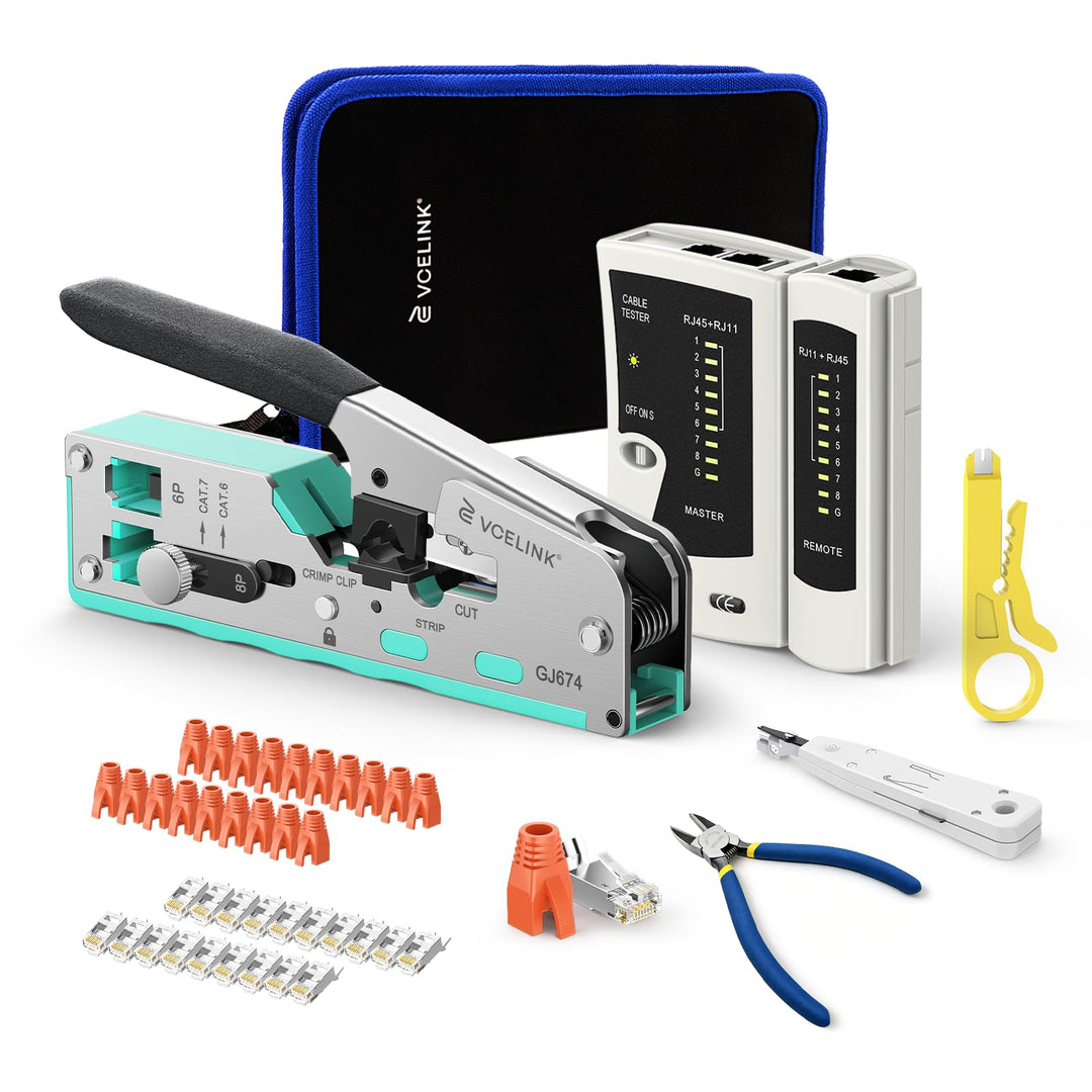 VCELINK Netzwerk Werkzeug Set, RJ45 Crimpzange mit 20 x RJ45 Stecker Cat7 Pass Through, Netzwerktest