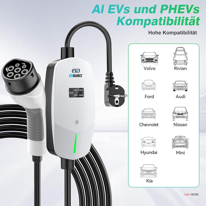 EVDANCE Ladekabel Typ 2 Schuko 6.1m 3.68KW Tragbares Ladegerät mit OLED Bildschirm 6-16A für PHEV/EV