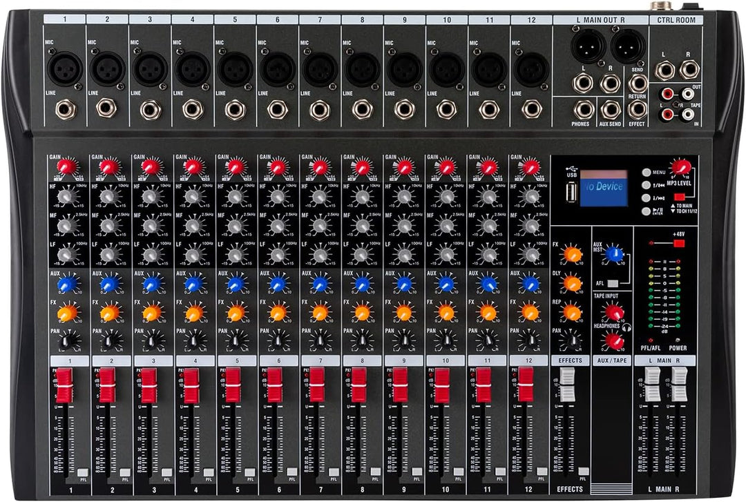 DJ Sound Mixer Board Konsole 48V Phantomspeisung 12 Kanäle mit USB Steckplatz Audiomischer Geeignet