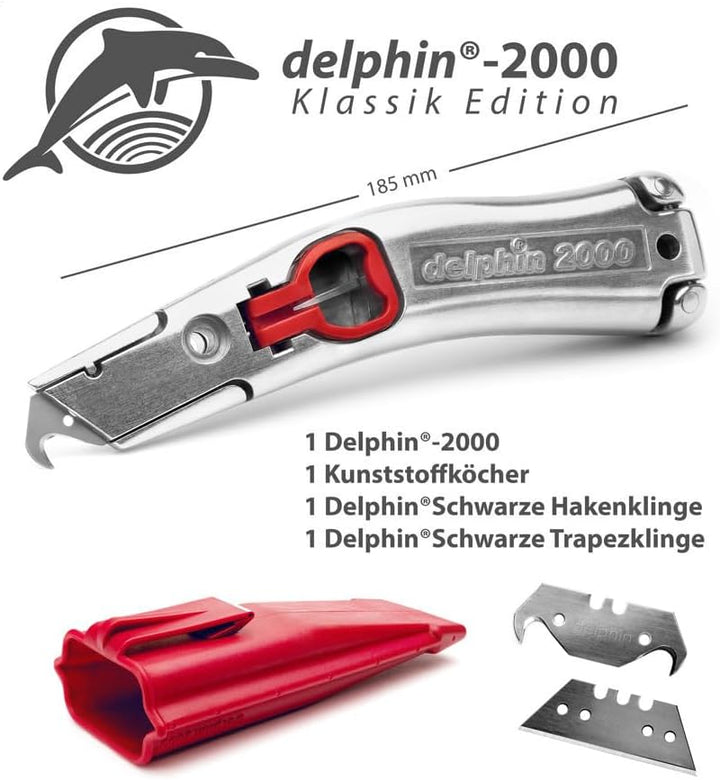 Delphin®-2000 Teppichmesser, Klassik Edition, Feststehende Klinge, Profi Cuttermesser, Alu, Klingen