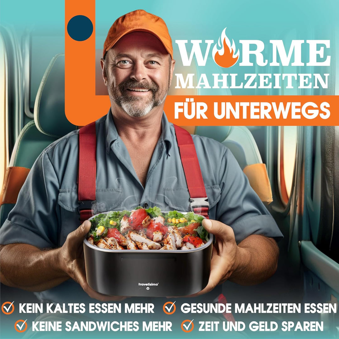 TRAVELISIMO Elektrische Lunchbox 80W Essensbox Warmes Mittagessen, 1,5L Wärmebox für Speisen 3-in-1