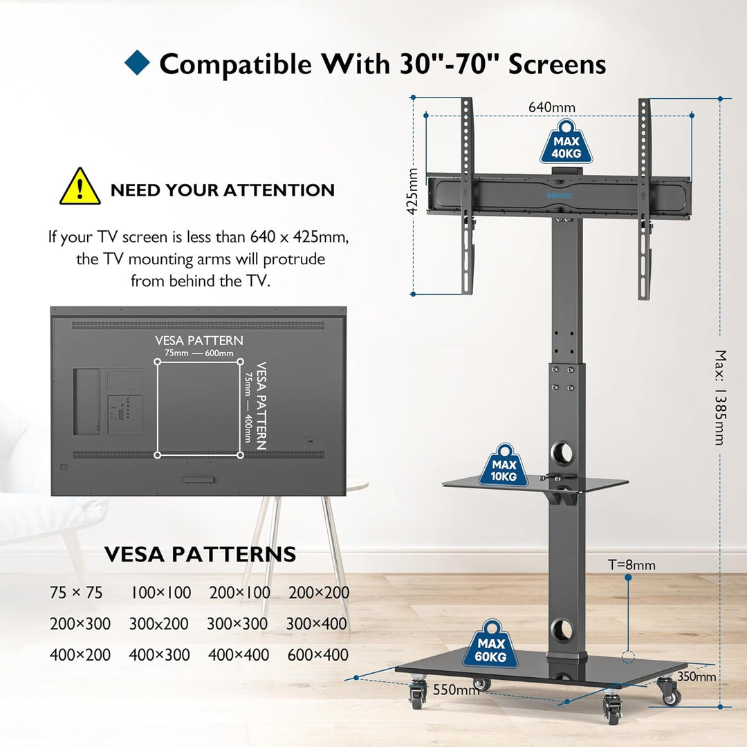 BONTEC TV-Ständer mit Rollen für 30-70 Zoll Plasma-/LCD-/LED-Bildschirme bis 40 kg, 6 Höhenverstellu