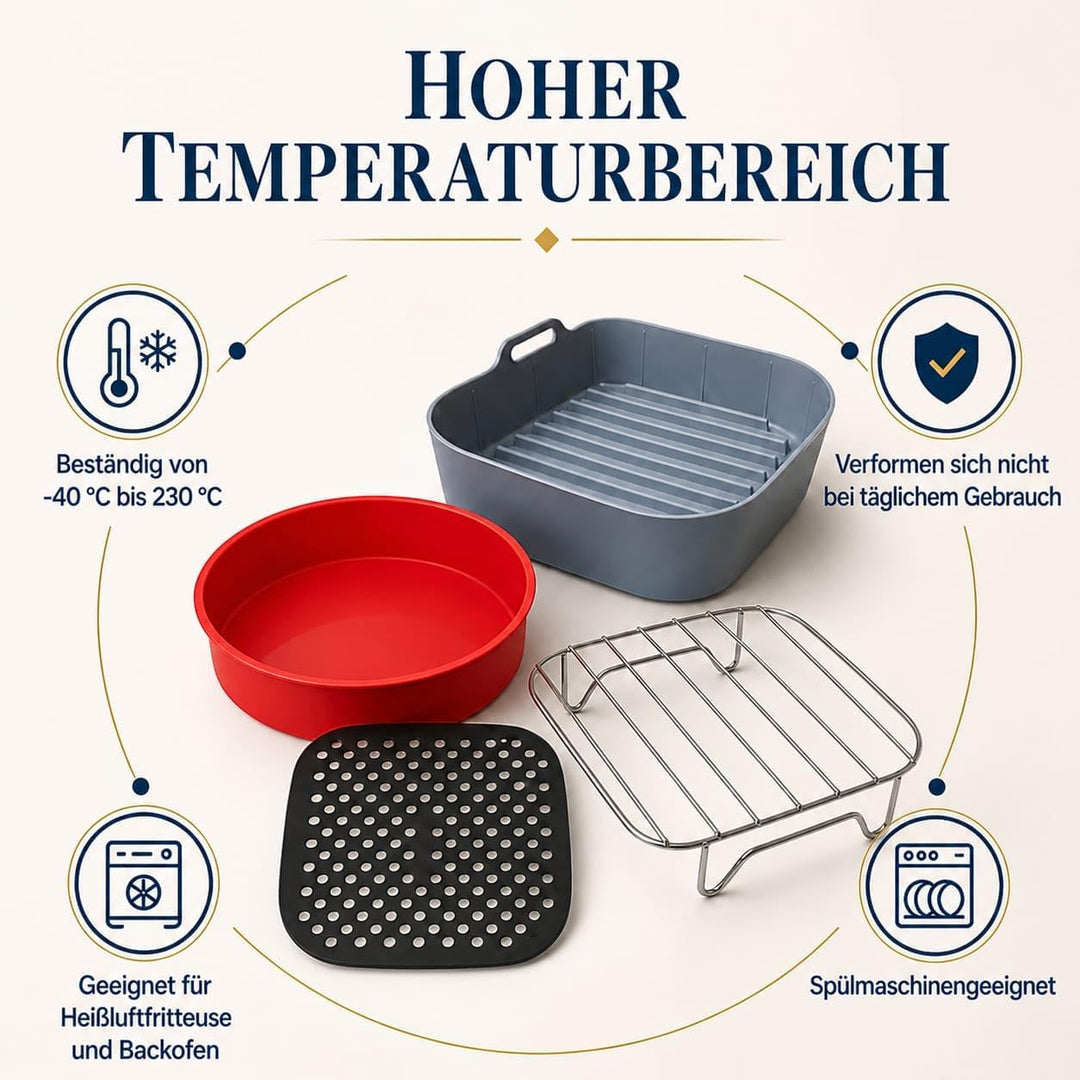 Airfryer zubehör: Silikonform 22 cm, Kuchenform 21,5 cm, Gitter für Heissluftfritteuse, und Silikonm