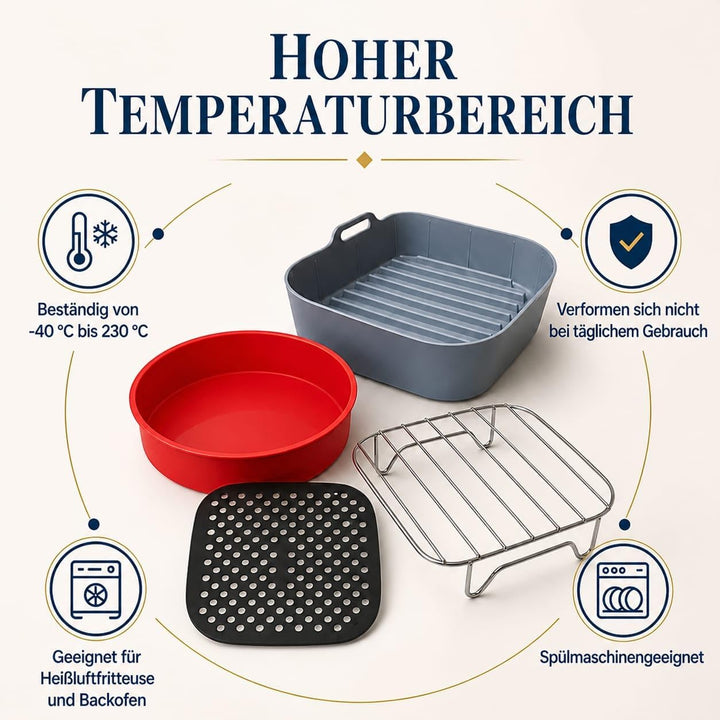 Airfryer zubehör: Silikonform 22 cm, Kuchenform 21,5 cm, Gitter für Heissluftfritteuse, und Silikonm