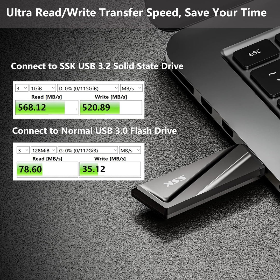SSK 128 GB Portable SSD, bis zu 550 MB/s Lesen und 500 MB/s Schreiben + USB-C Adapter Externes SSD U