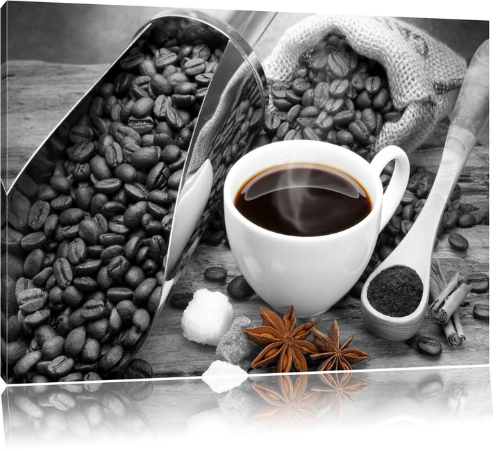 frischer Kaffe neben Kaffeebohnen schwarz/weiss Format: 100x70 auf Leinwand, XXL riesige Bilder fert