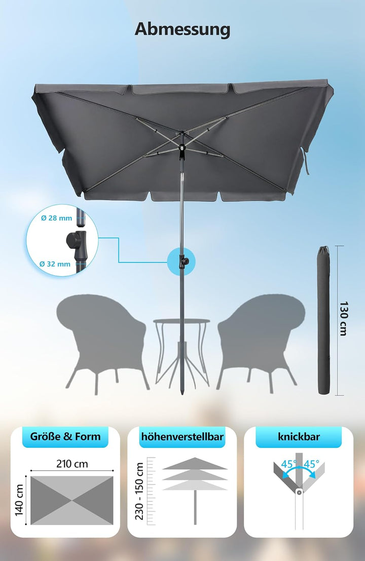 4smile Sonnenschirm Balkon im Set – Sonnenschirm rechteckig 210×140 cm, UV 50+ Sonnenschutz Balkon,