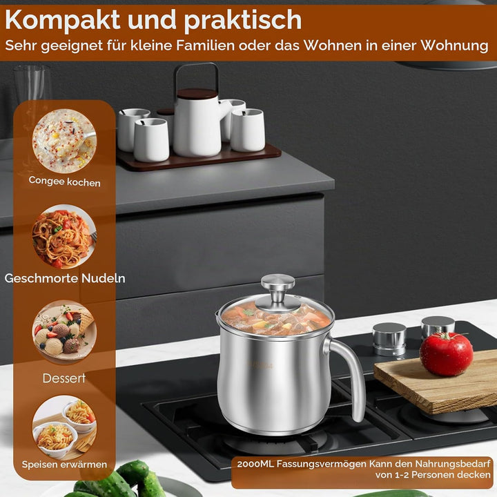 Milchtopf Edelstahl mit Deckel,2 Liter Butter Schmelztopf mit Ausgiesser und Rutschfester Kunststoff