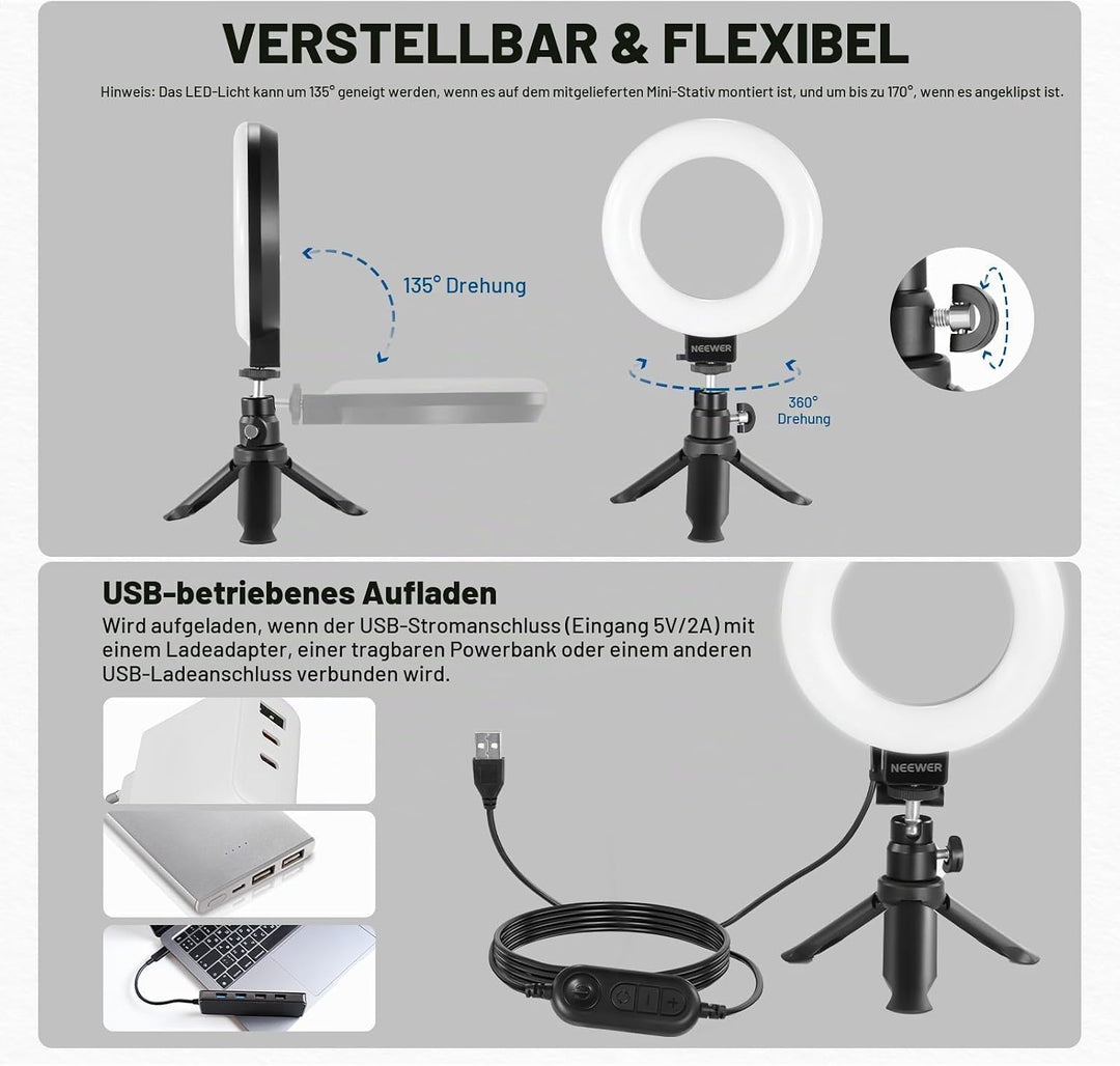 NEEWER Basics 5" Ringlicht für Videokonferenz Beleuchtung 2er Pack Ansteck Licht Set mit Schreibtisc