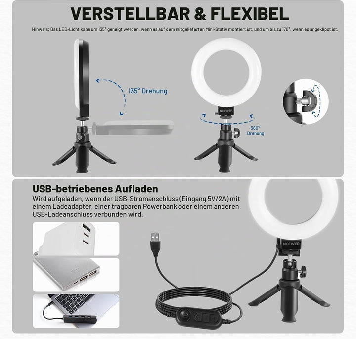 NEEWER Basics 5" Ringlicht für Videokonferenz Beleuchtung 2er Pack Ansteck Licht Set mit Schreibtisc
