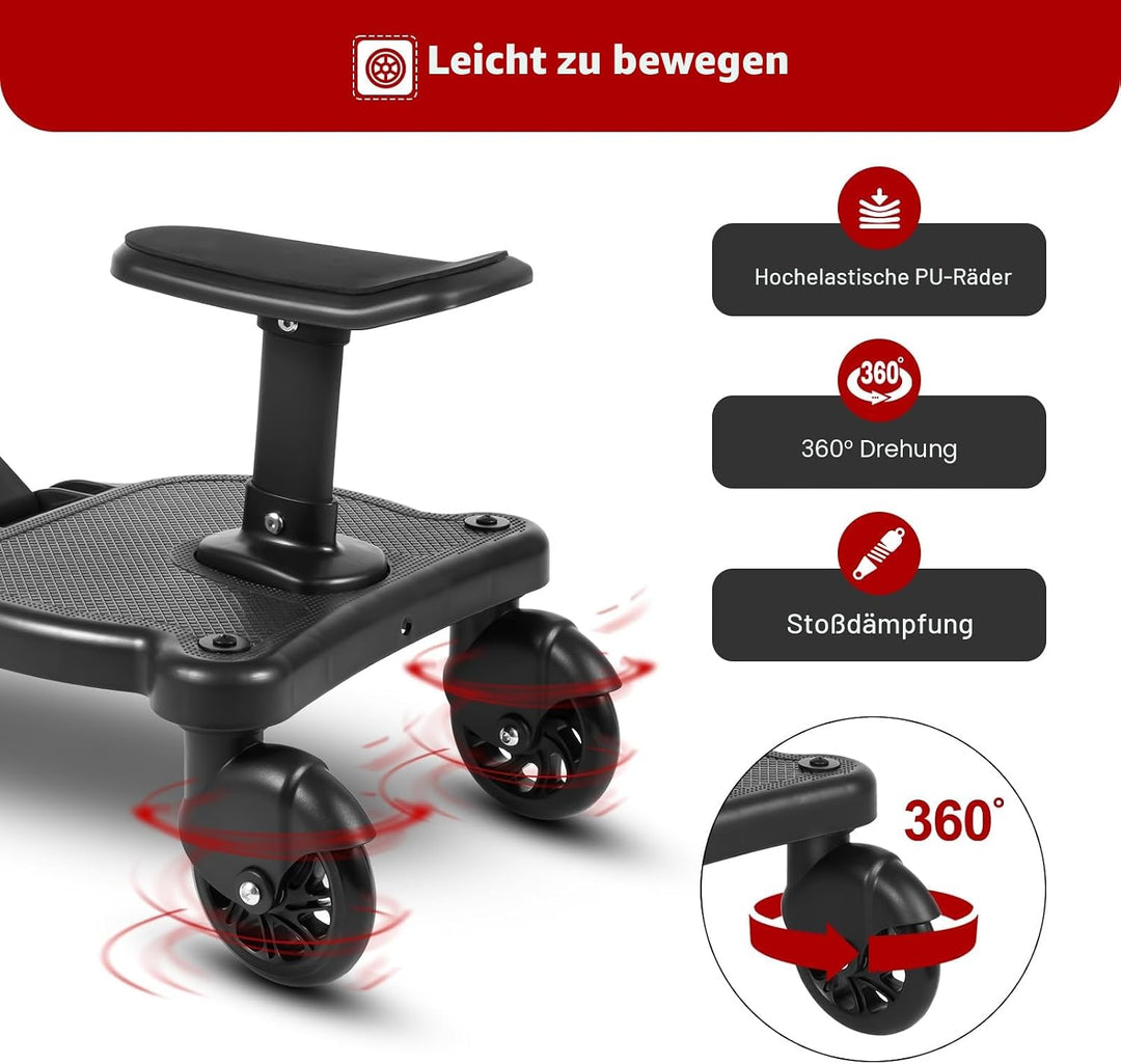 Buggy Board Universal Trittbrett für Kinderwagen, mitfahrbrett mit abnehmbarem Sitz bis 25kg, kompat