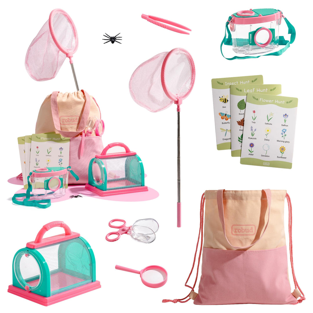 ROBUD Kids Outdoor Explorer Kit, Käferfang-Abenteuer-Sets mit Schmetterlingsnetzen, Lupen, Käferbehä