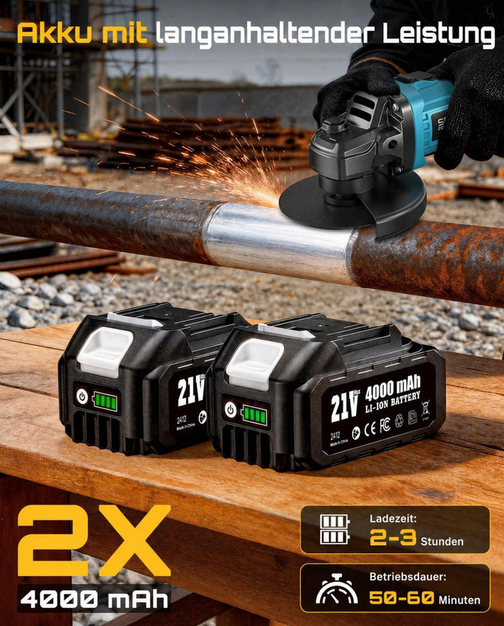 SEESII Akku Winkelschleifer 125 mm, Flex Winkelschleifer mit 2x 4000mAh Akku, 10,000RPM Bürstenloser