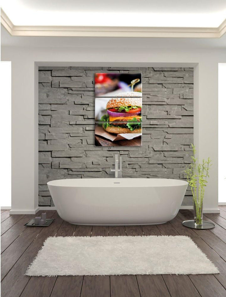 Pixxprint Burger und Pommes als Leinwandbild/Grösse: 3 Teilig (120x80) cm/Wandbild/Kunstdruck/fertig