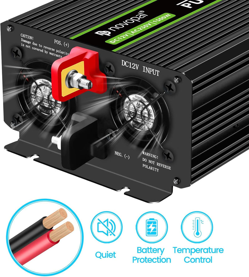 novopal 1500W Wechselrichter 12v Auf 230v Reiner Sinus Spannungswandler mit 2 EU-Steckdose und Einer