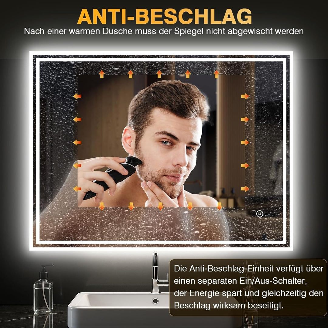 LED Badspiegel mit Beleuchtung – Badezimmerspiegel mit 3 Lichtfarben, Dimmbar, Anti-Beschlag, Touch/