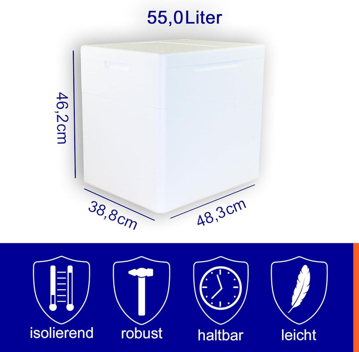 Styroporboxen 55 Liter mit Deckel | Thermobox Innenmass: 42 x 32,5 x 40 cm | Isolierbehälter in weis