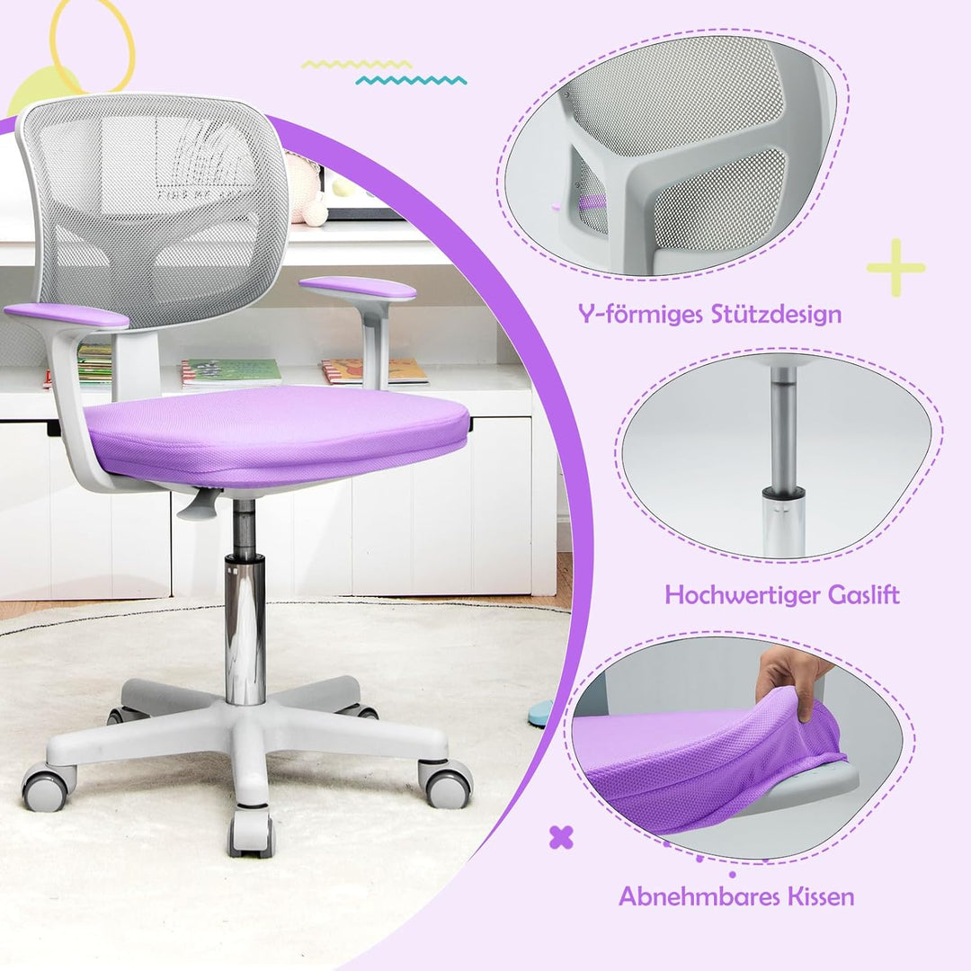 COSTWAY 360° Drehbarer Kinderschreibtischstuhl, 80-91,5 cm Höhenverstellbarer Jungendstuhl mit Rücke