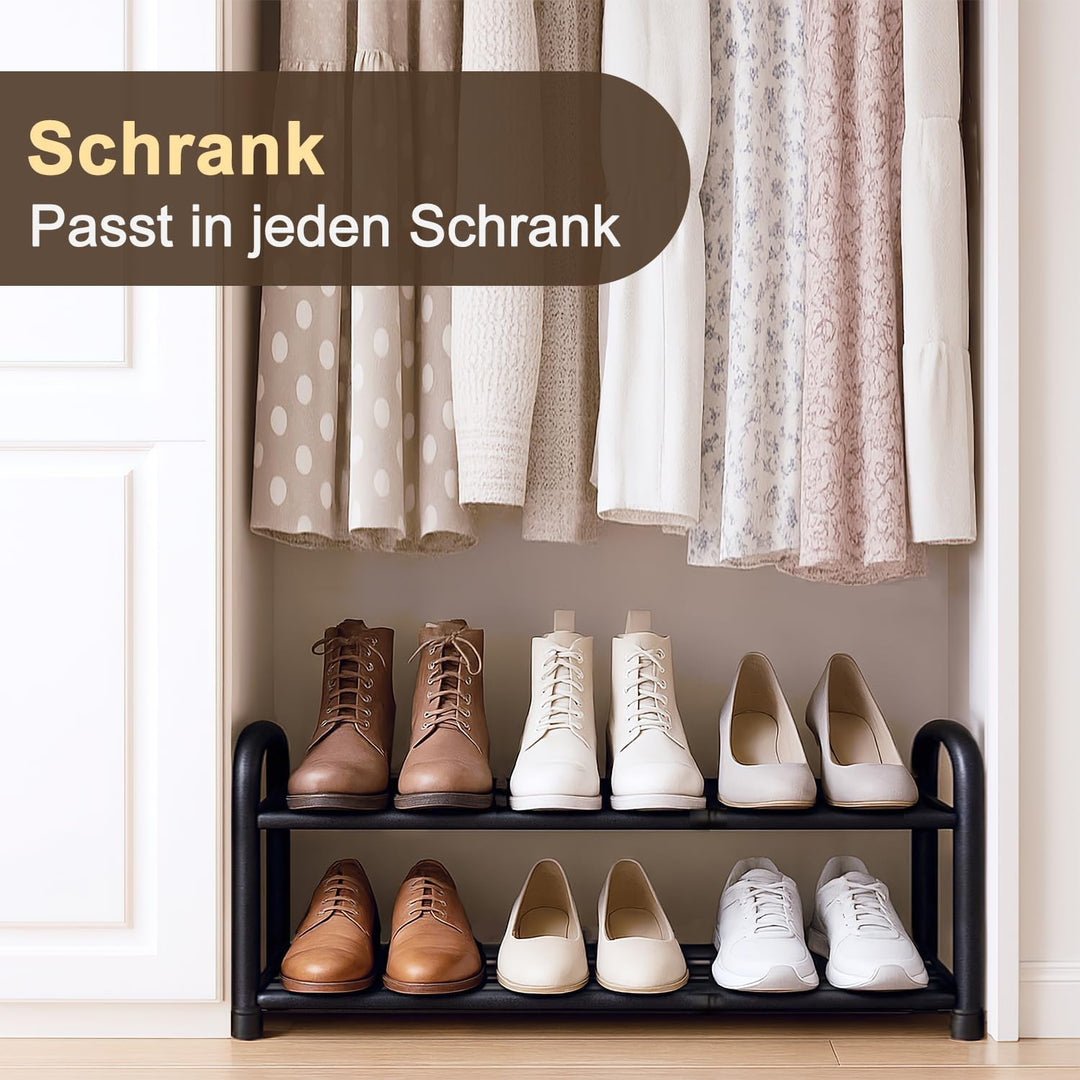 Schuhregal schmal klein ausziehbar 2 Ebenen, Schuhschrank schwarz Metall, Breite 43-78 cm, für Kleid