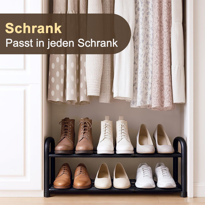 Schuhregal schmal klein ausziehbar 2 Ebenen, Schuhschrank schwarz Metall, Breite 43-78 cm, für Kleid