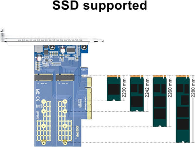 PCIe 3.0 to NVMe (2) M.2 Adapter for M.2 (M Key) SSD, PCIe X8, Requires Motherboard BIOS Support for