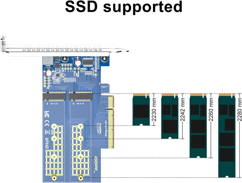 PCIe 3.0 to NVMe (2) M.2 Adapter for M.2 (M Key) SSD, PCIe X8, Requires Motherboard BIOS Support for