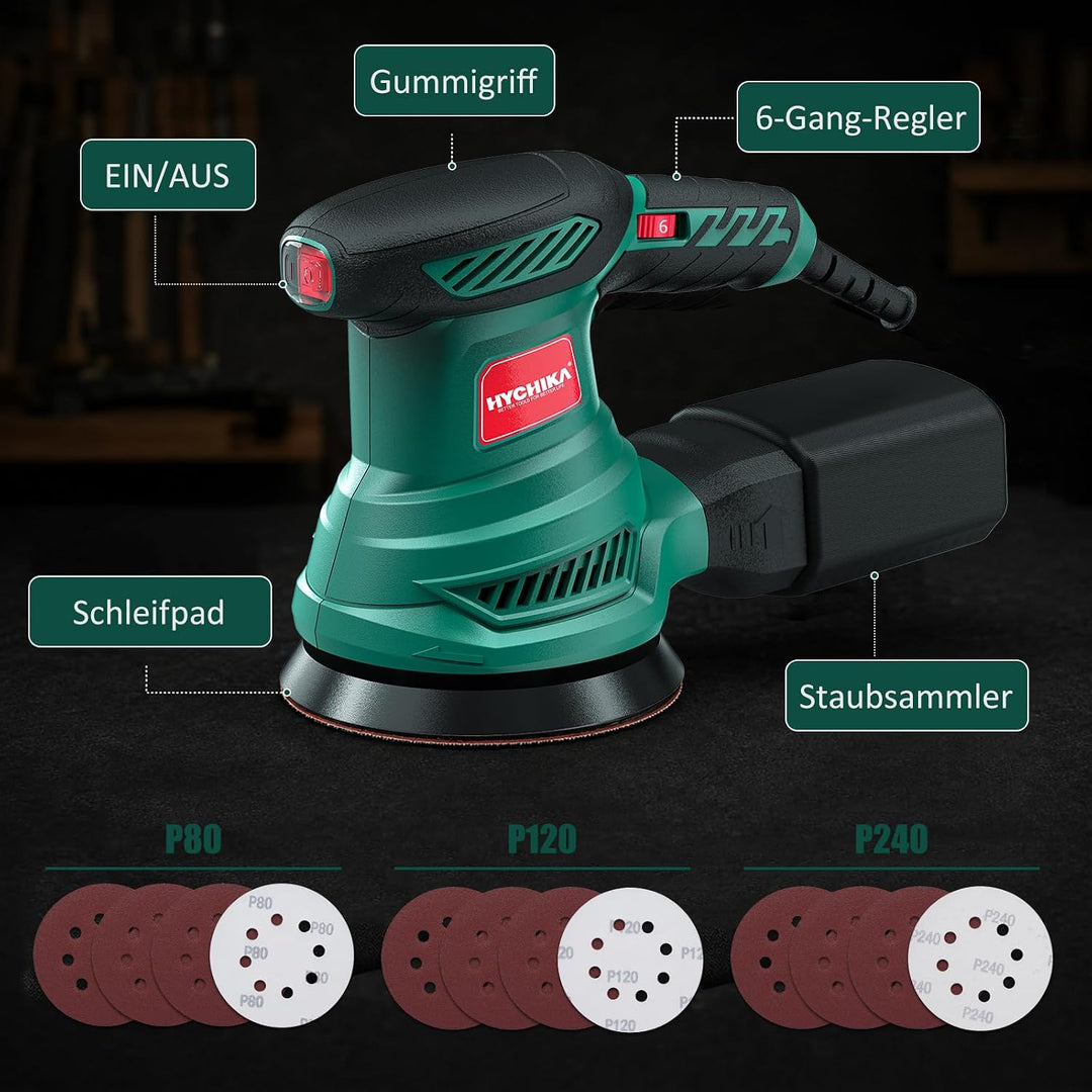 Exzenterschleifer, HYCHIKA 300W Schleifmaschine, 6 Gänge, mit 12 pcs Schleifpapier (Körnung 80/120/2