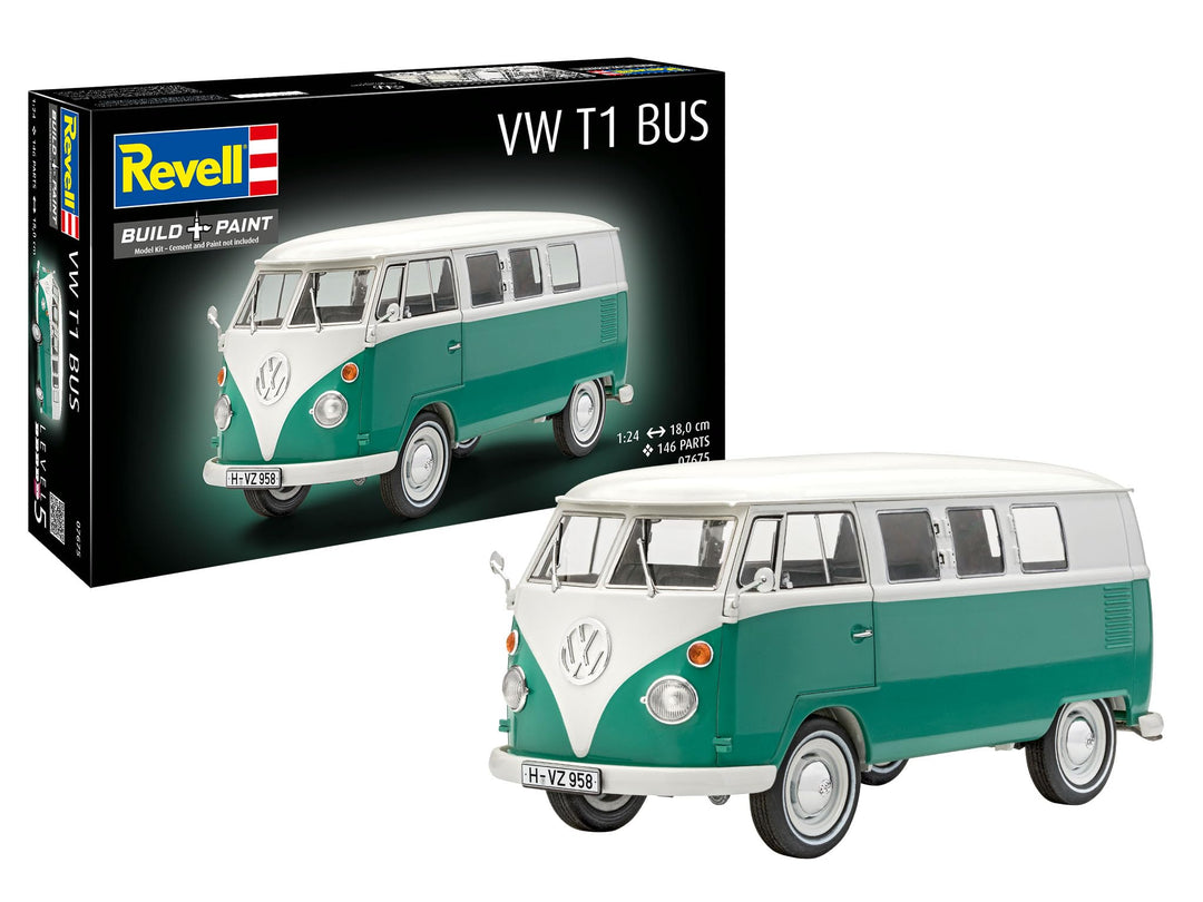 Revell 07675 Volkswagen VW T1 Bus Bulli, Automodellbausatz 1:24, 18 cm originalgetreuer Modellbausat