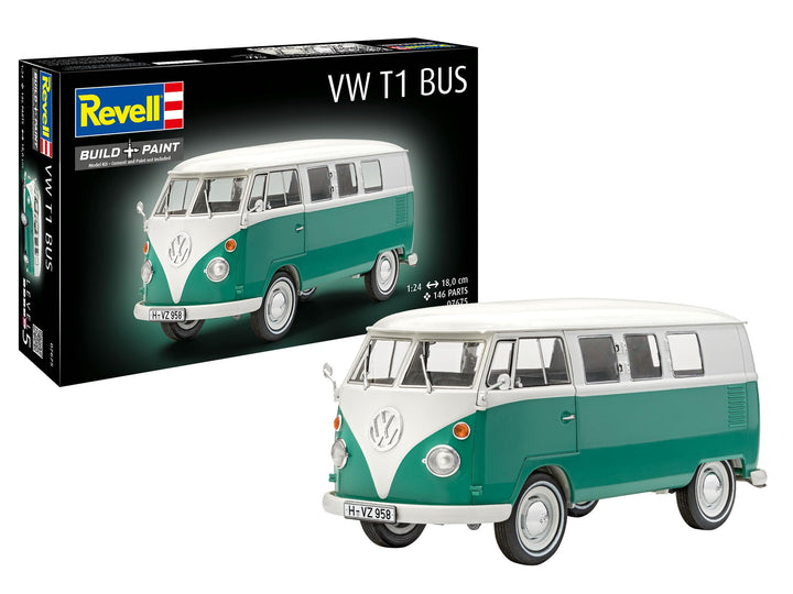 Revell 07675 Volkswagen VW T1 Bus Bulli, Automodellbausatz 1:24, 18 cm originalgetreuer Modellbausat