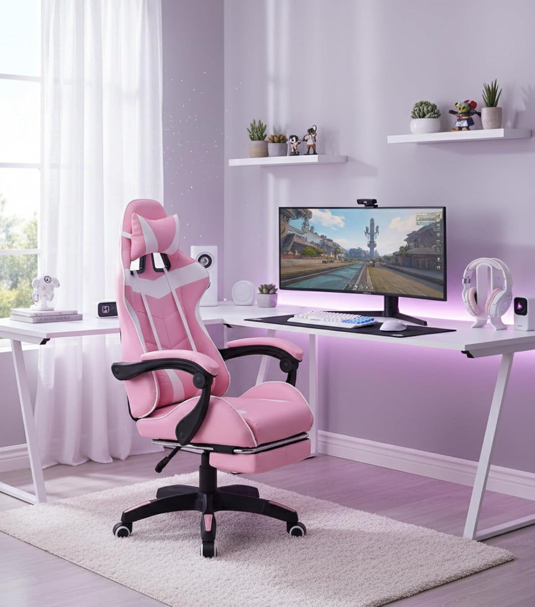 Gaming Stuhl mit Fussstütze Cyclone Teenager - Bürostuhl - Racing Gaming Stuhl - Rosa Weiss