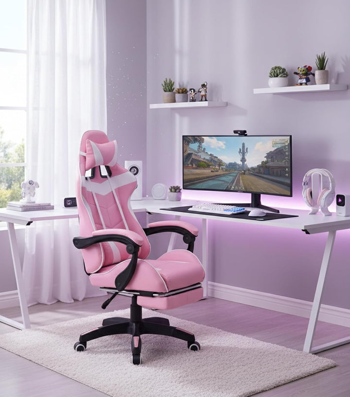 Gaming Stuhl mit Fussstütze Cyclone Teenager - Bürostuhl - Racing Gaming Stuhl - Rosa Weiss