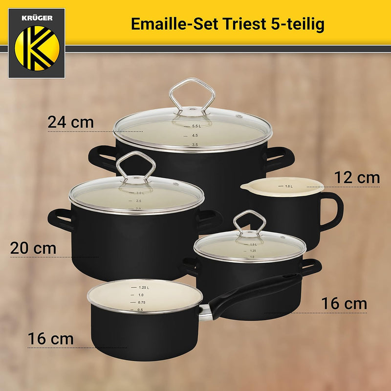 Krüger Emaille-Set Triest 5 teilig - Emaille-Topfset aus Fleischtopf, Stieltopf und Milchtopf - Töpf